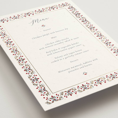 This is a scarlet menu cards with foil pressed by Sabrin Deirani called islamic arch printing on signature in standard