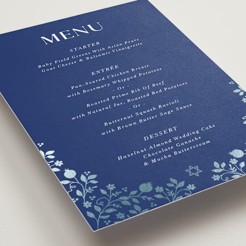 This is a royal menu cards with foil pressed by Nam Bourassa called pomegranate floral frame printing on signature in standard