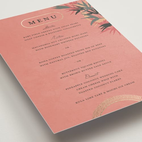 This is a coral menu cards with foil pressed by Julie Hebert called birds of paradise printing on signature in standard