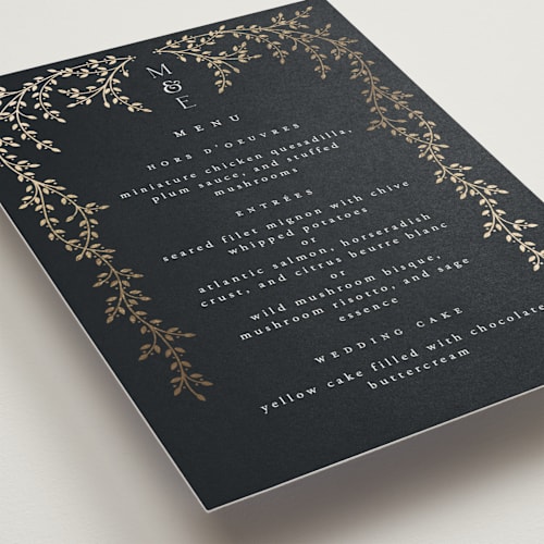 This is a midnight menu cards with foil pressed by Ana de Sousa called beautiful chuppah printing on signature in standard
