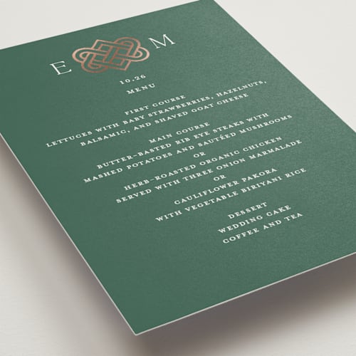 This is a clover menu cards with foil pressed by Kerry Doyle called celtic love knot printing on signature in standard