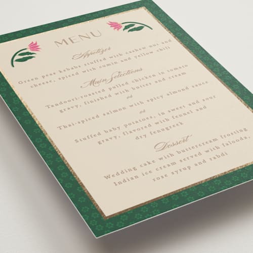 This is a pistachio menu cards with foil pressed by Creo Study called indian garden printing on signature in standard
