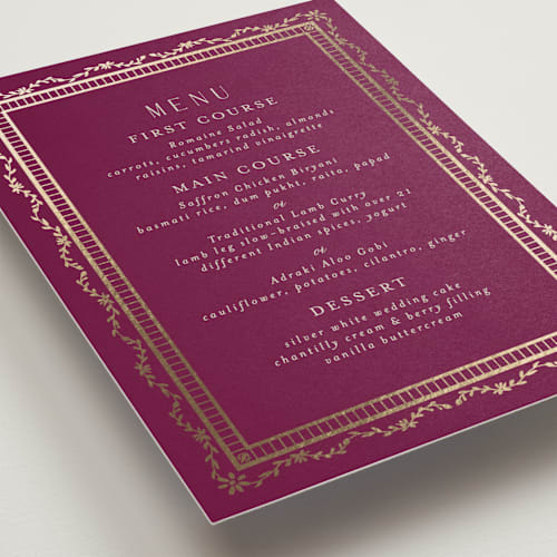 This is a garnet menu cards with foil pressed by Chris Griffith called amber palace printing on signature in standard