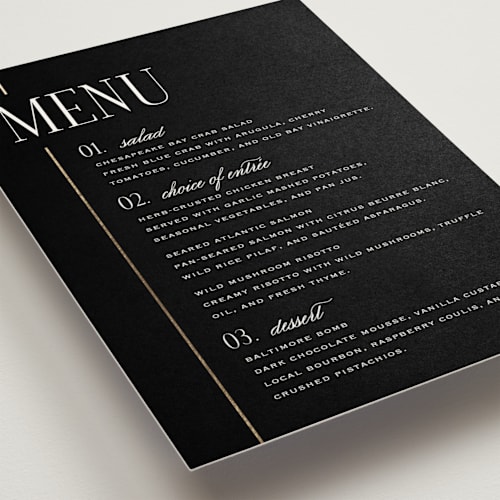 This is a silk menu cards with foil pressed by Laura Hankins called linear printing on signature in 5x7