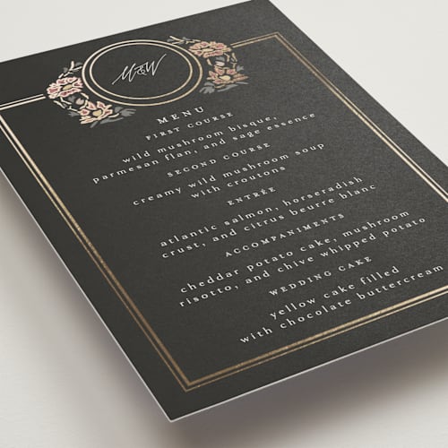 This is a ebony menu cards with foil pressed by Ana de Sousa called timeless nature printing on signature in 5x7