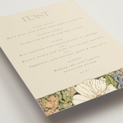 This is a sherbert menu cards with foil pressed by Leah Bisch called in the garden printing on signature in 5x7