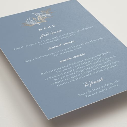 This is a cornflower menu cards with foil pressed by Grae called meet me in the garden printing on signature in 5x7