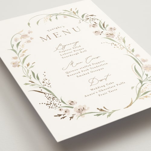 This is a spring mist menu cards with foil pressed by Erin L. Wilson called meadow printing on signature in 5x7