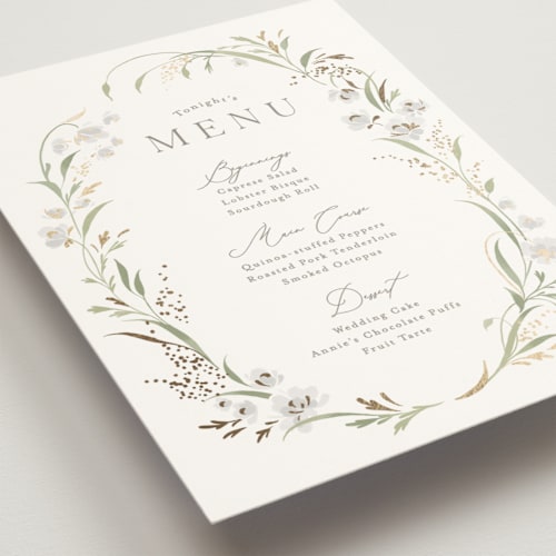 This is a snowdrop menu cards with foil pressed by Erin L. Wilson called meadow printing on signature in 5x7