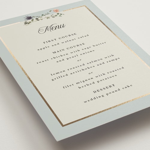 This is a mist menu cards with foil pressed by Hannah Williams called blue garden printing on signature in 5x7