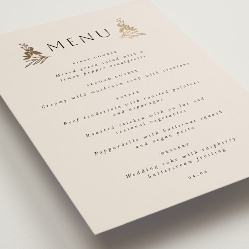 This is a champagne menu cards with foil pressed by Leah Bisch called floral border printing on signature in 5x7
