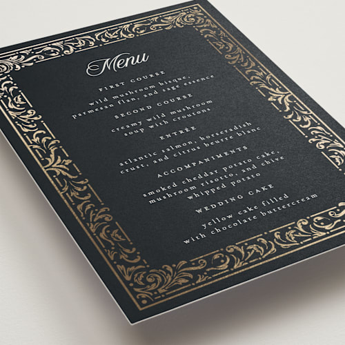 This is a onyx menu cards with foil pressed by Ana de Sousa called regency grace printing on signature in 5x7