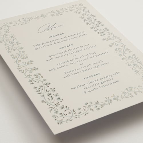 This is a something blue menu cards with foil pressed by Gwen Bedat called floral romance printing on signature in 5x7