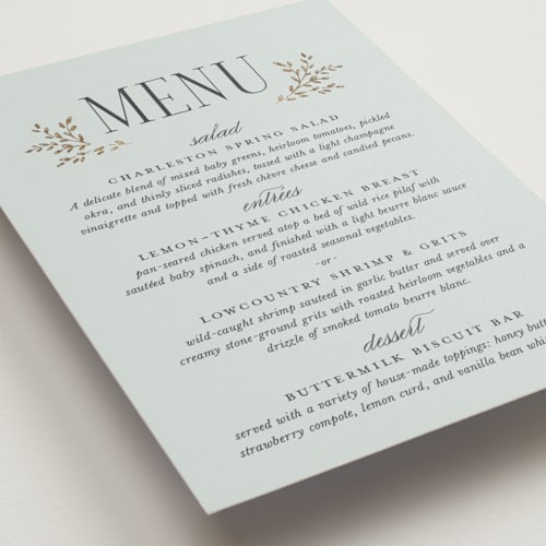 This is a mist menu cards with foil pressed by Laura Hankins called enchanted printing on signature in 5x7