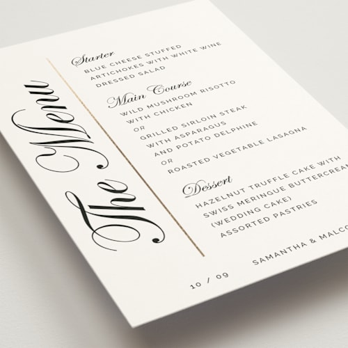 This is a silk menu cards with foil pressed by Zani van Zyl called shaped menu printing on signature in standard