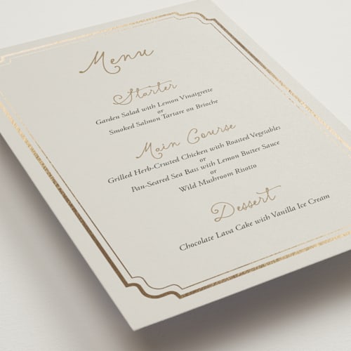 This is a champagne menu cards with foil pressed by Cass Loh called curved frame printing on signature in standard