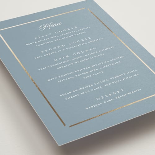 This is a dusty blue menu cards with foil pressed by Stacey Meacham called elegant bevel printing on signature in 5x7