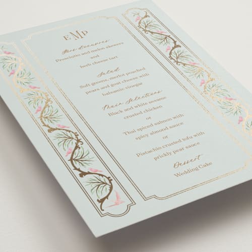 This is a hummingbird menu cards with foil pressed by Claudia Orengo called castle printing on signature in 5x7
