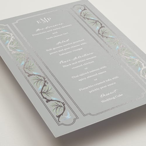 This is a wood pecker menu cards with foil pressed by Claudia Orengo called castle printing on signature in 5x7