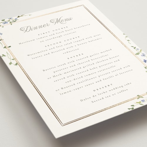 This is a bluebell menu cards with foil pressed by Everett Paper Goods called flowering vine printing on signature in 5x7