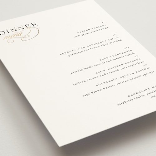 This is a silk menu cards with foil pressed by Kelly Schmidt called left align printing on signature in 5x7
