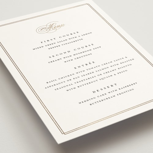 This is a linen menu cards with foil pressed by Erica Krystek called timeless printing on signature in 5x7