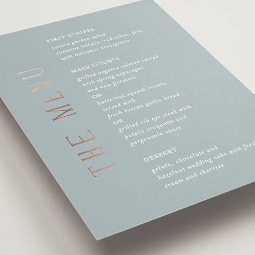 This is a provincial menu cards with foil pressed by Angela Thompson called gilded edge printing on signature in 5x7