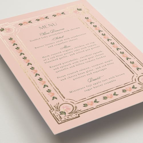 This is a pine menu cards with foil pressed by Claudia Orengo called princess printing on signature in 5x7