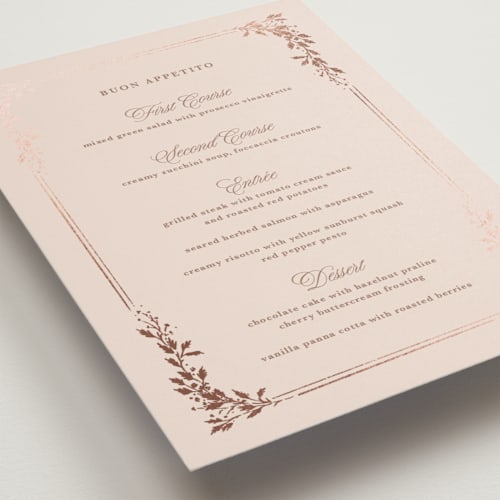 This is a blush menu cards with foil pressed by Kate Ahn called lake como printing on signature in 5x7