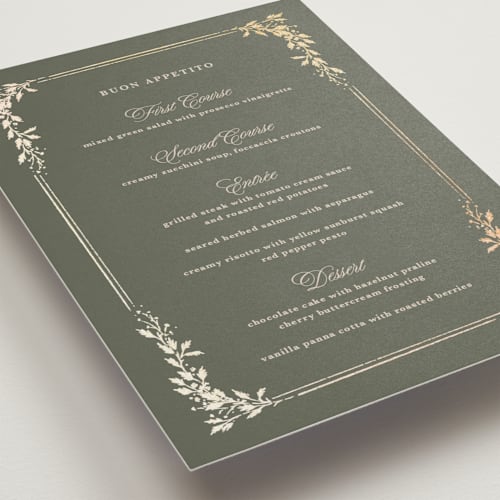 This is a sage menu cards with foil pressed by Kate Ahn called lake como printing on signature in 5x7