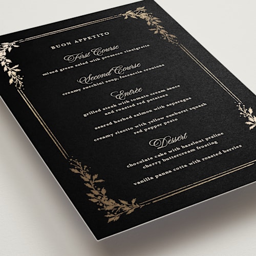 This is a obsidian menu cards with foil pressed by Kate Ahn called lake como printing on signature in 5x7