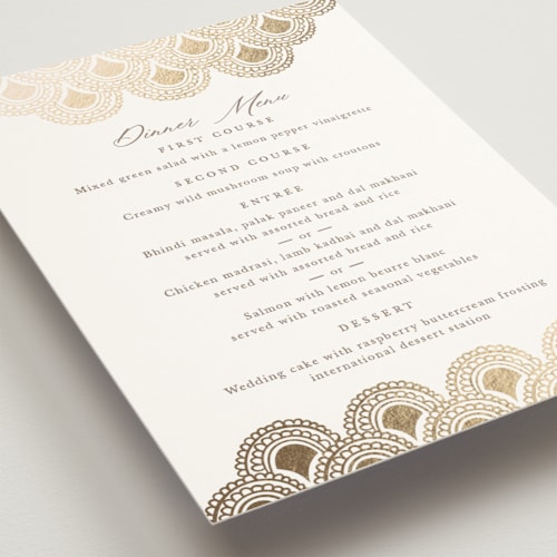 This is a lily menu cards with foil pressed by Mansi Verma called gilded henna printing on signature in standard