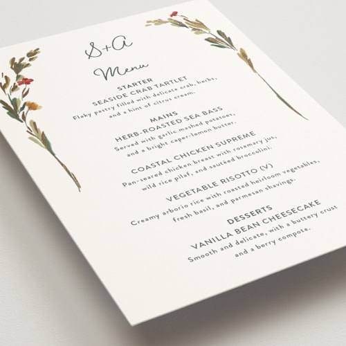 This is a garden green menu cards with foil pressed by Lucrecia Caporale called coastal bloom printing on signature in standard