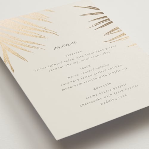 This is a sand menu cards with foil pressed by Melinda Denison called gilded palm printing on signature in standard
