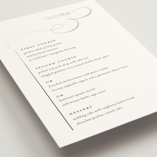 This is a sugar menu cards with foil pressed by Jessica Williams called elegant flourish printing on signature in standard