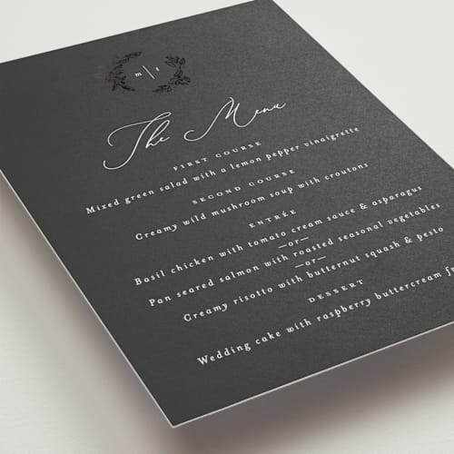 This is a tuxedo menu cards with foil pressed by Leah Bisch called reflection printing on signature in 5x7