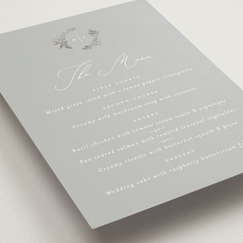 This is a fog menu cards with foil pressed by Leah Bisch called reflection printing on signature in 5x7