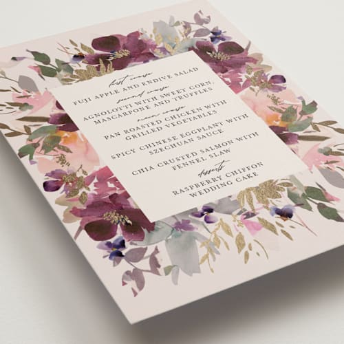 This is a blush menu cards with foil pressed by Lori Wemple called fleur printing on signature in standard