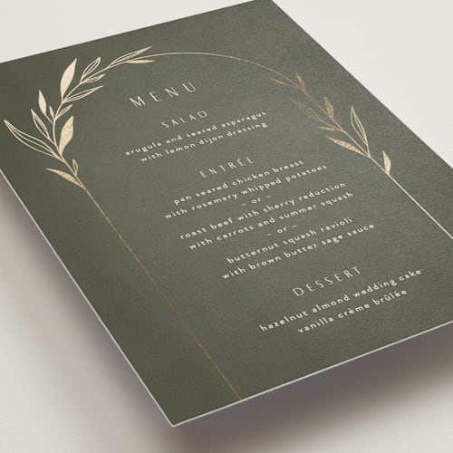 This is a moss menu cards with foil pressed by Kelly Schmidt called botanical arches printing on signature in standard