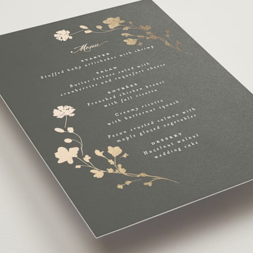 This is a obsidian menu cards with foil pressed by Benita Crandall called raffiné printing on signature in standard