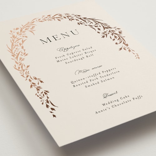 This is a almond menu cards with foil pressed by Erin L. Wilson called trailing vines printing on signature in standard