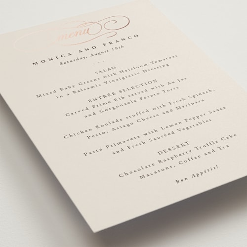 This is a cream menu cards with foil pressed by Hooray Creative called and centered printing on signature in standard