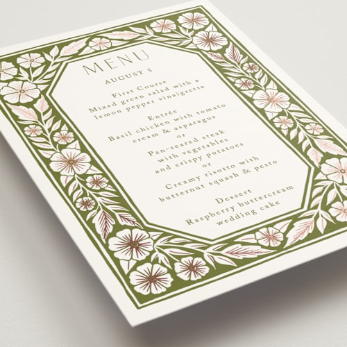 This is a avocado menu cards with foil pressed by Katharine Watson called inlay frame printing on signature in standard