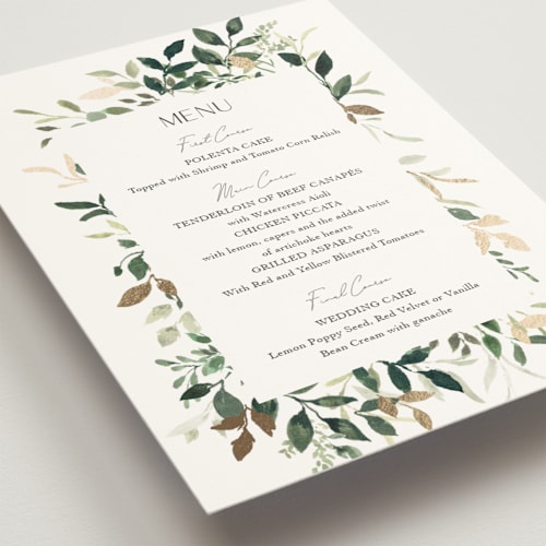 This is a greenery menu cards with foil pressed by Itsy Belle Studio called garden serenity printing on signature in standard