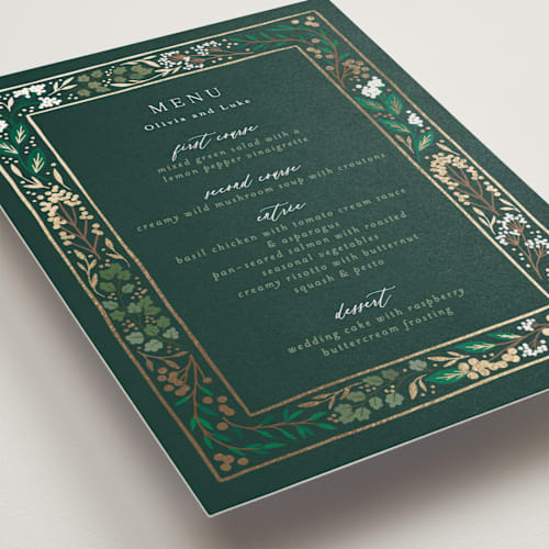 This is a evergreen menu cards with foil pressed by Alethea and Ruth called illuminated storybook printing on signature in 5x7