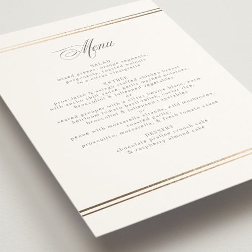 This is a pearl menu cards with foil pressed by Nicole Walsh called classic elegance printing on signature in standard