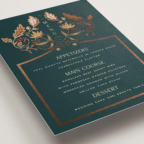 This is a deep sea menu cards with foil pressed by Erin German called autumnal arch printing on signature in standard