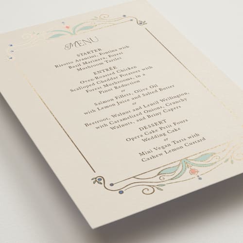 This is a ivory menu cards with foil pressed by Maria Hilas-Louie called ornate elegance printing on signature in standard