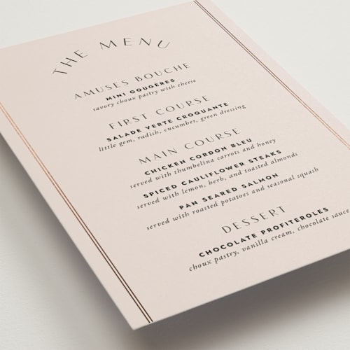 This is a blush menu cards with foil pressed by Kindred Fields called deco band printing on signature in standard