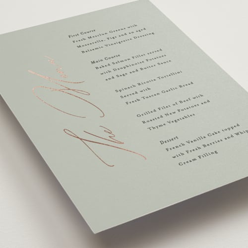 This is a sage menu cards with foil pressed by Angela Thompson called gilded script printing on signature in standard